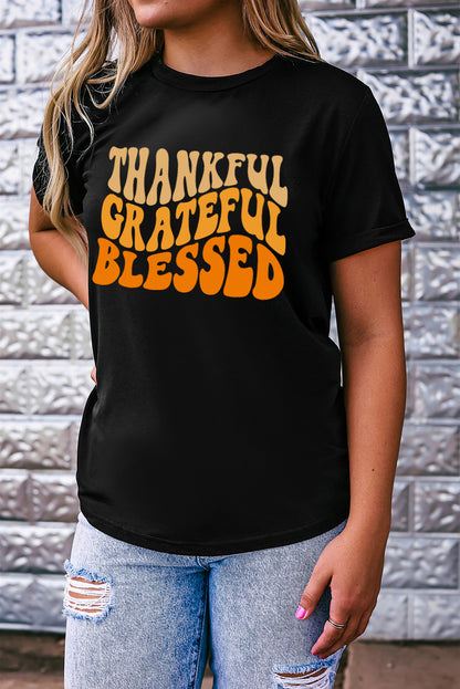 Thankful Grateful Blessed Crew Neck Graphic Tee | Black