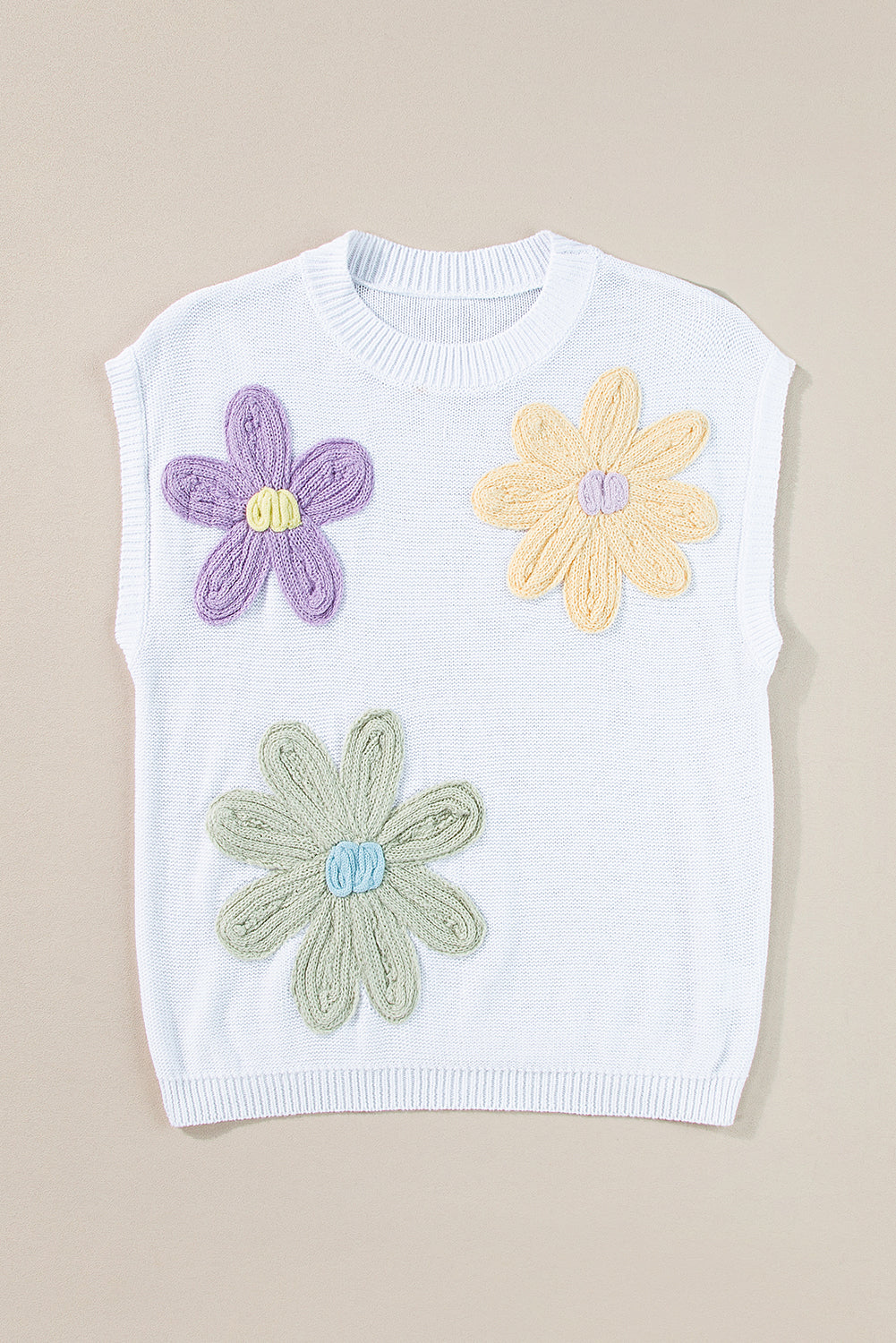 Multi Crochet Flower Knit Short Sleeve Sweater Tops | White