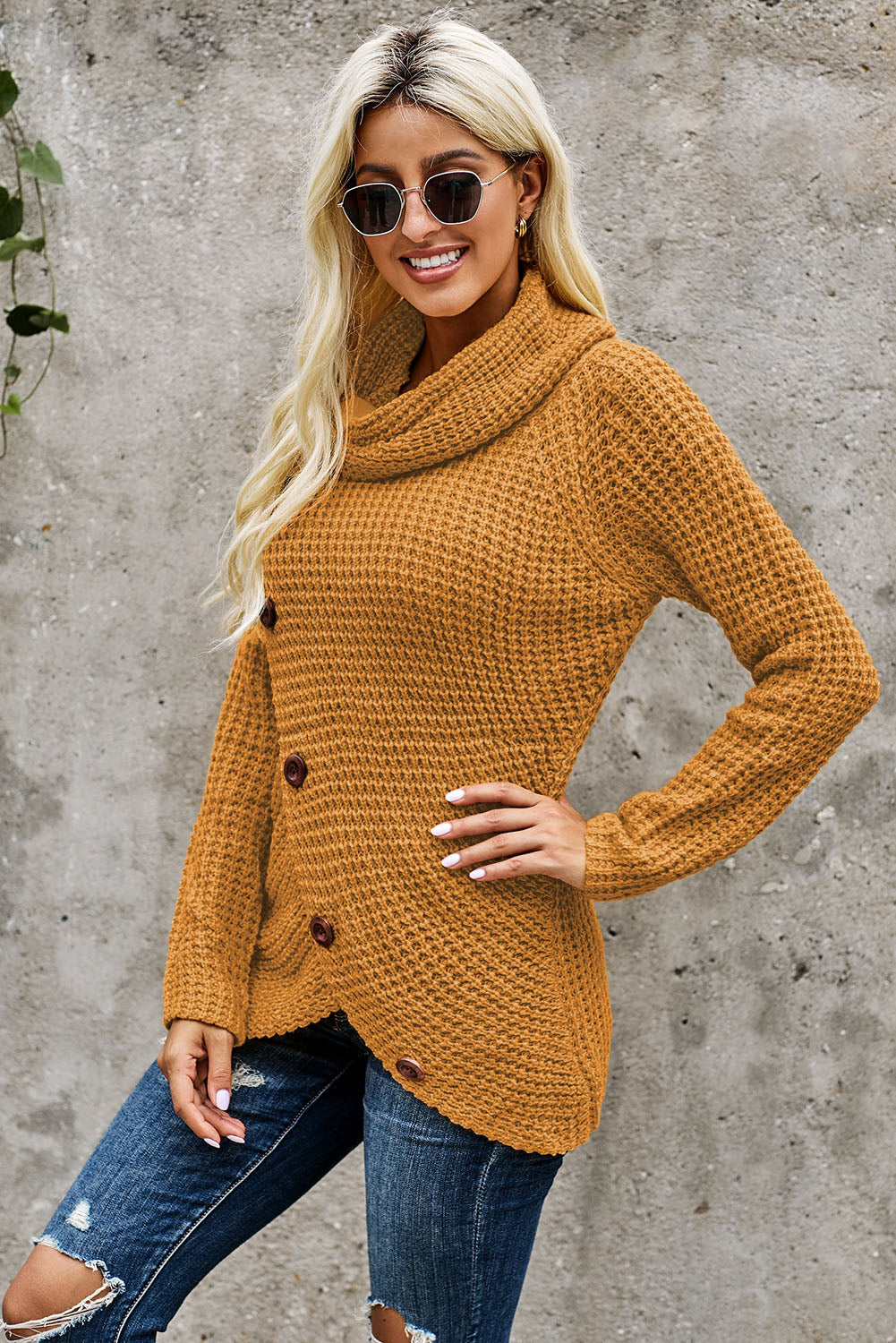 Mustard Buttoned Wrap Turtleneck Sweater | Yellow