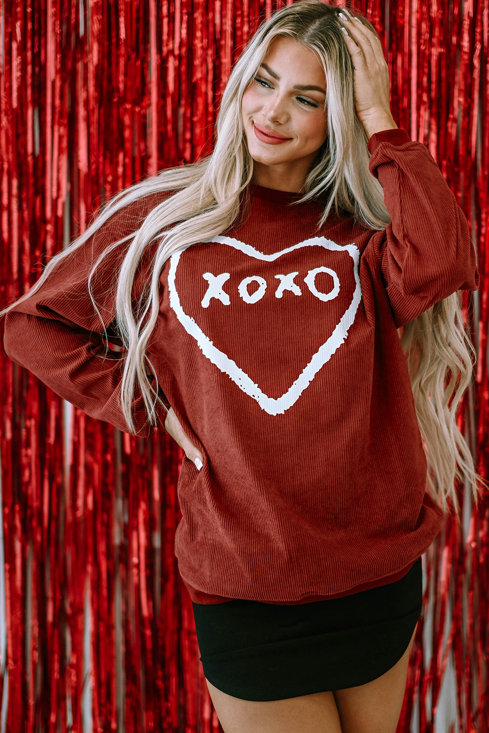 Xoxo Heart Shape Graphic Corded Sweatshirt | Racing Red