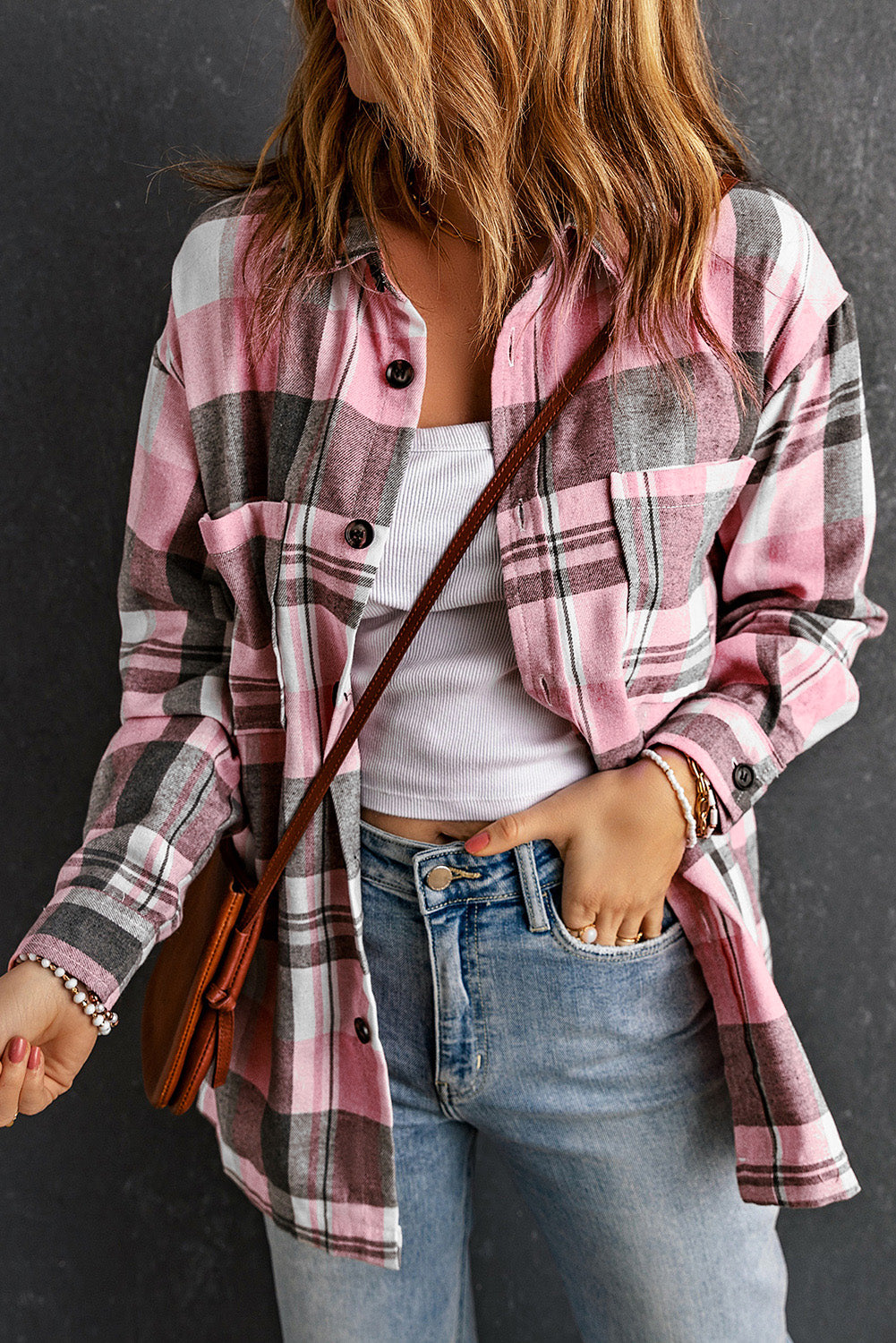 Plaid Button Up Patch Pocket Shirt | Pink