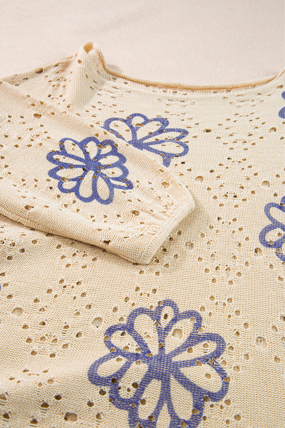 Contrast Flower Print Eyelet Drop Shoulder Sweater | Beige