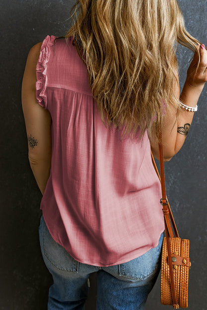 Button Split Neck Ruffled Trim Tank Top | Pink