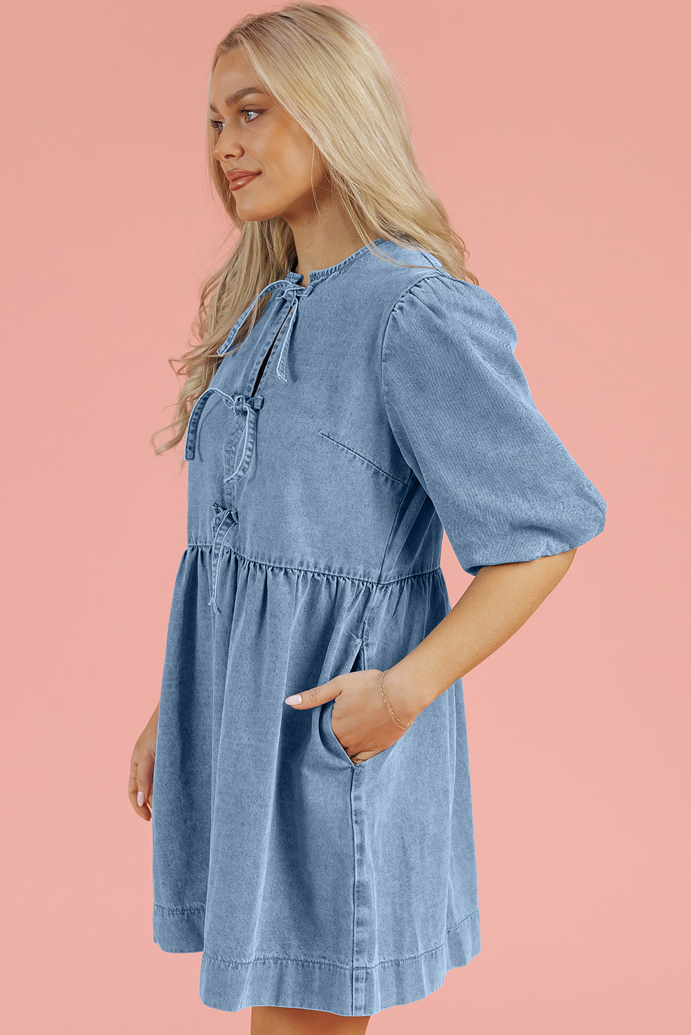 Bowknot Bubble Sleeve Short Denim Dress | Dusk Blue