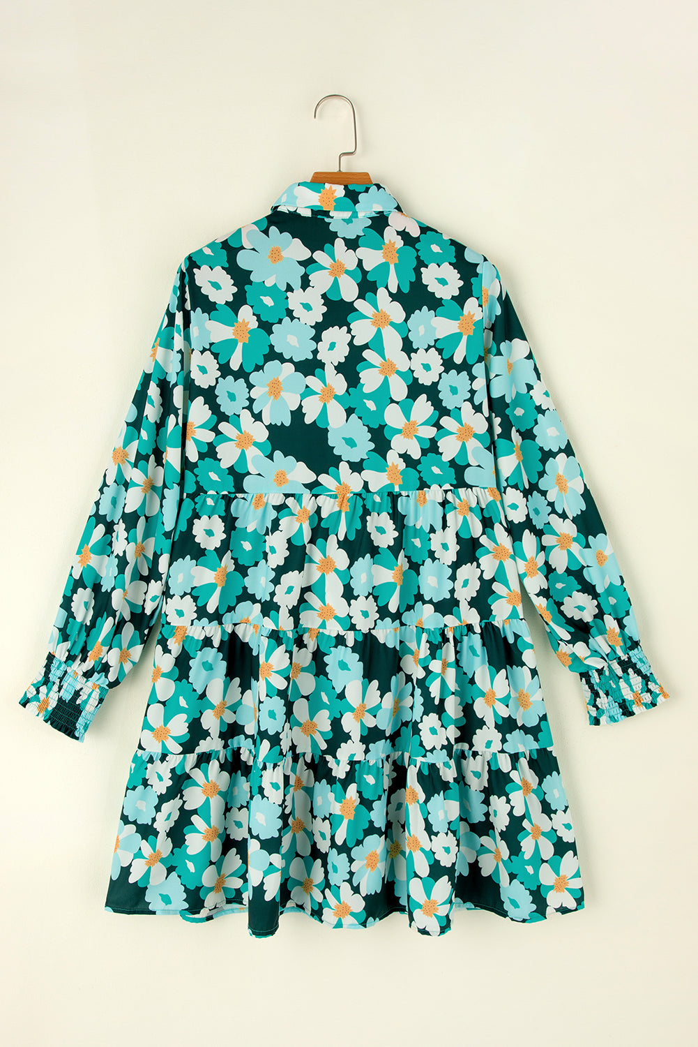 Green Floral Tiered Long Puff Sleeve Shirt Dress | Blackish Green