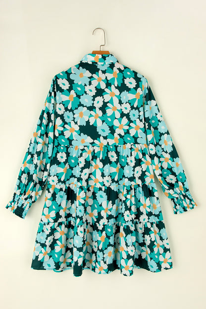 Green Floral Tiered Long Puff Sleeve Shirt Dress | Blackish Green