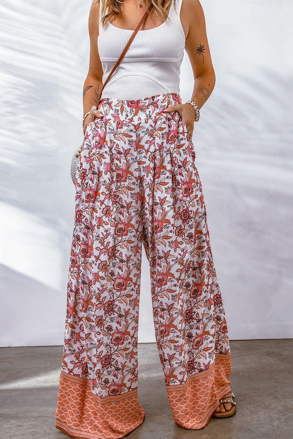 Fiery  Floral Print Shirred High Waist Wide Leg Pants | Red