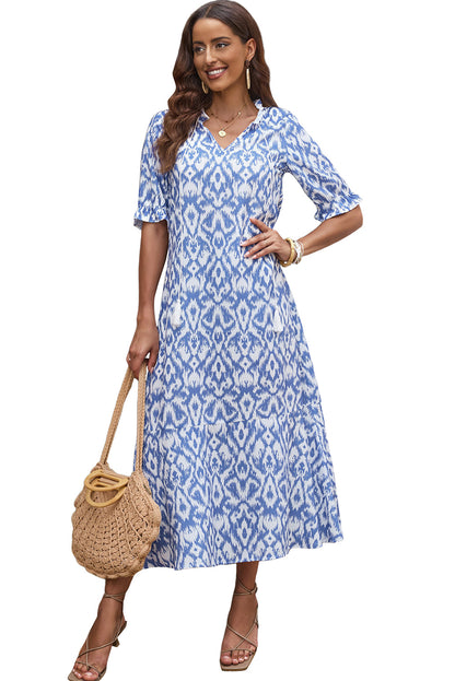 V Neck Casual Geometric Print Maxi Dress | Sky Blue