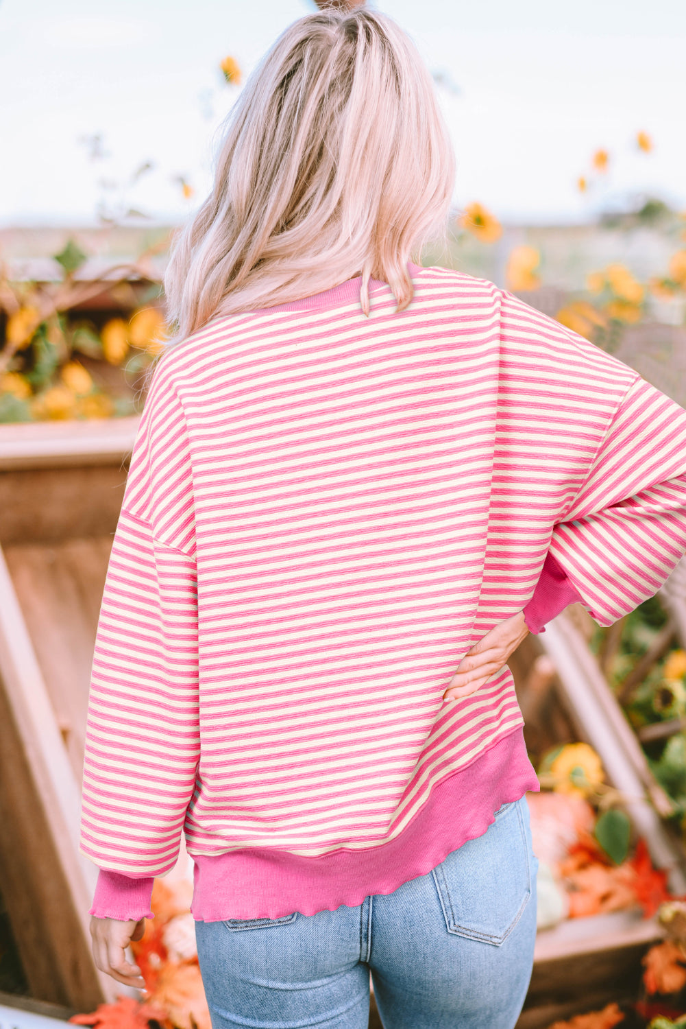 Loose Drop Shoulder Long Sleeve Top | Pink Stripe