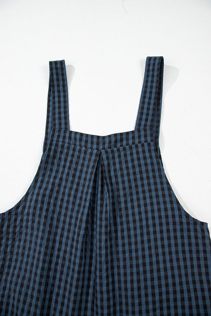 Plaid Print Buttoned Pocketed High Waist Overall | Sail Blue