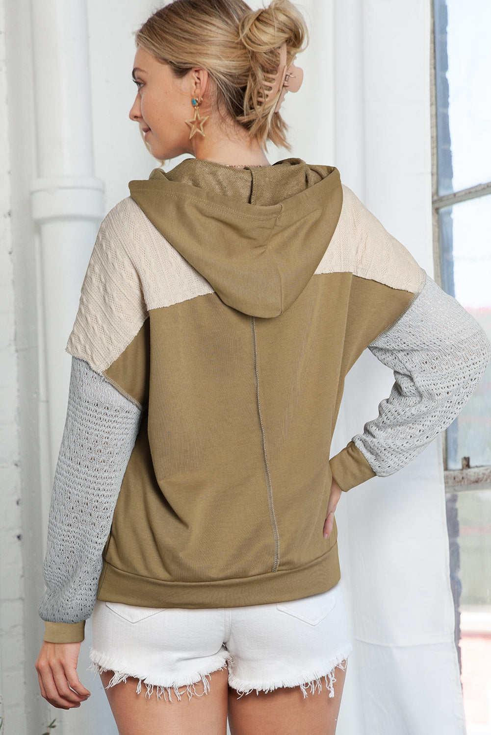 Colourblock Patchwork Pullover Hoodie | Brown