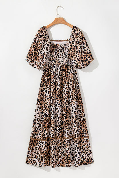 Leopard Print Bubble Sleeve Square Neck Maxi Dress | Brown