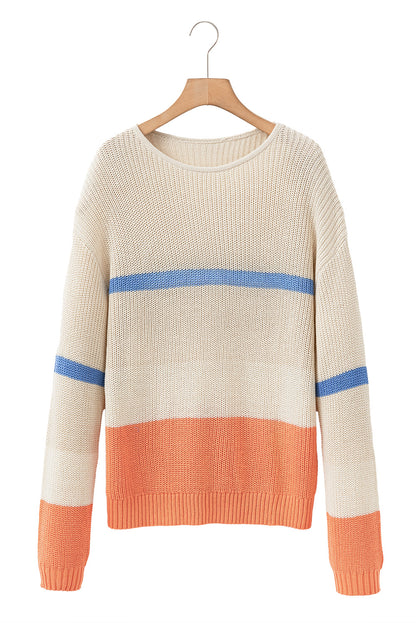 Colourblock Striped Drop Shoulder Cozy Sweater | Beige