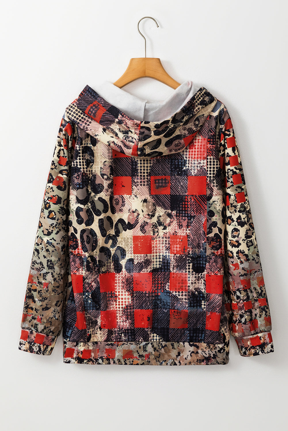 Leopard Plaid Bleached Print Kangaroo Pocket Hoodie | Brown