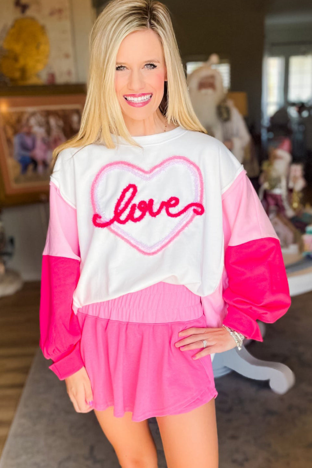 Tinsel Love Heart Graphic Colour Block Sleeve Sweatshirt | White