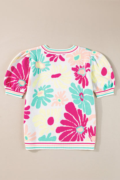 Floral Print V Neck Short Sleeve Sweater | Multicolour