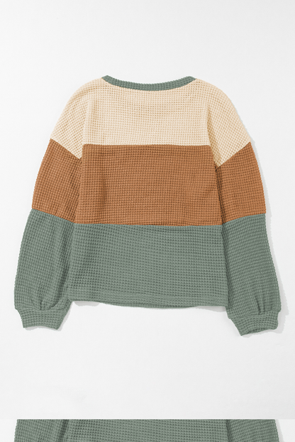 Textured Colour Block Bubble Sleeve Baggy Top | Green Stripe