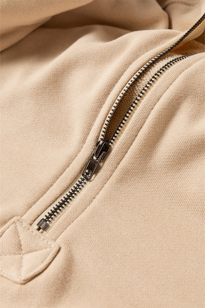 Solid Kangaroo Pocket Half Zipper Oversized Hoodie | Parchment