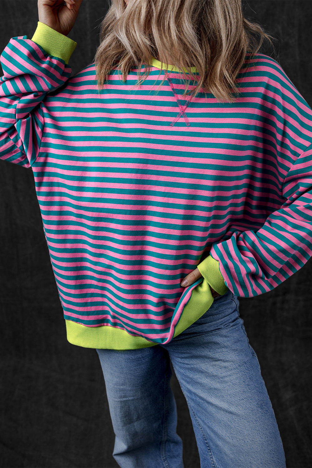 Oversized Contrast Trim Pullover Sweatshirt | Green Stripe