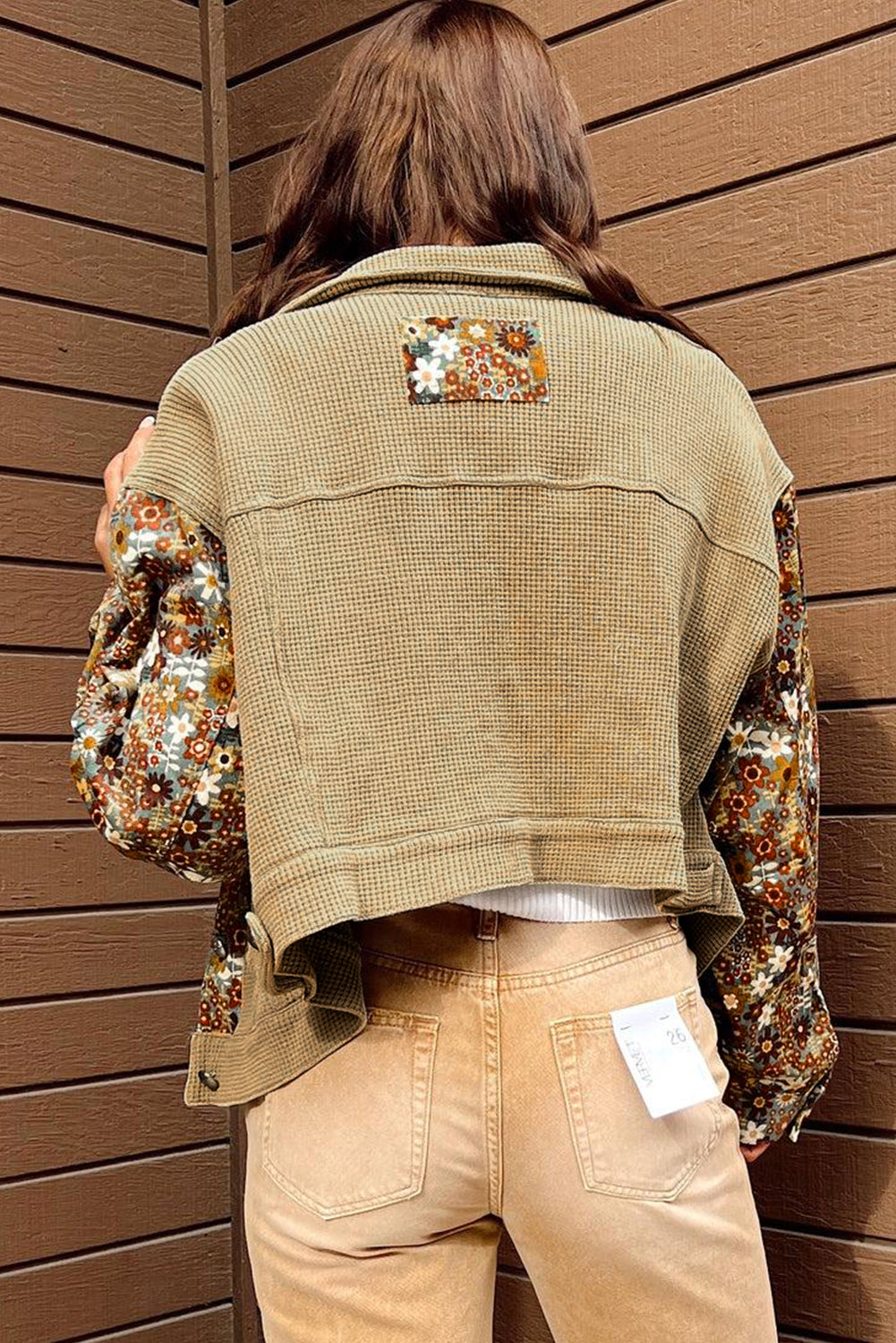 Waffle Knit Floral Print Patchwork Button Up Jacket | Khaki