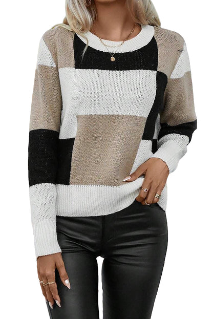 Plaid Patchwork Long Sleeve Knitted Sweater | Black