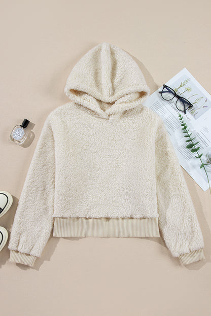 Contrast Ribbed Edge Plush Hoodie | White