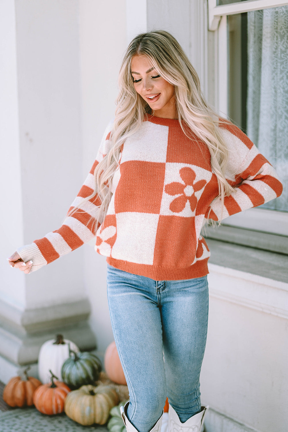 Checkered Floral Print Striped Sleeve Sweater | Brown