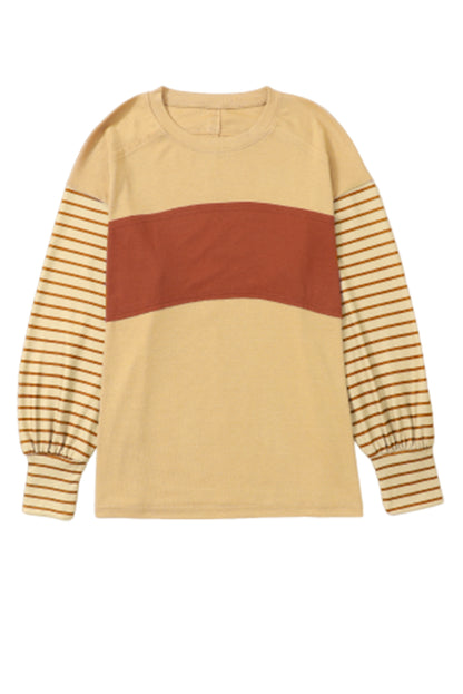 Light French Beige Colourblock Striped Bishop Sleeve Top | Flaxen