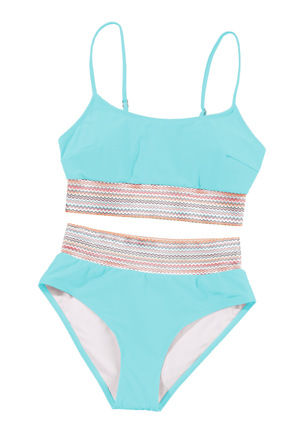 Striped Patchwork Spaghetti Strap High Waist Bikini Swimsuit | Sky Blue