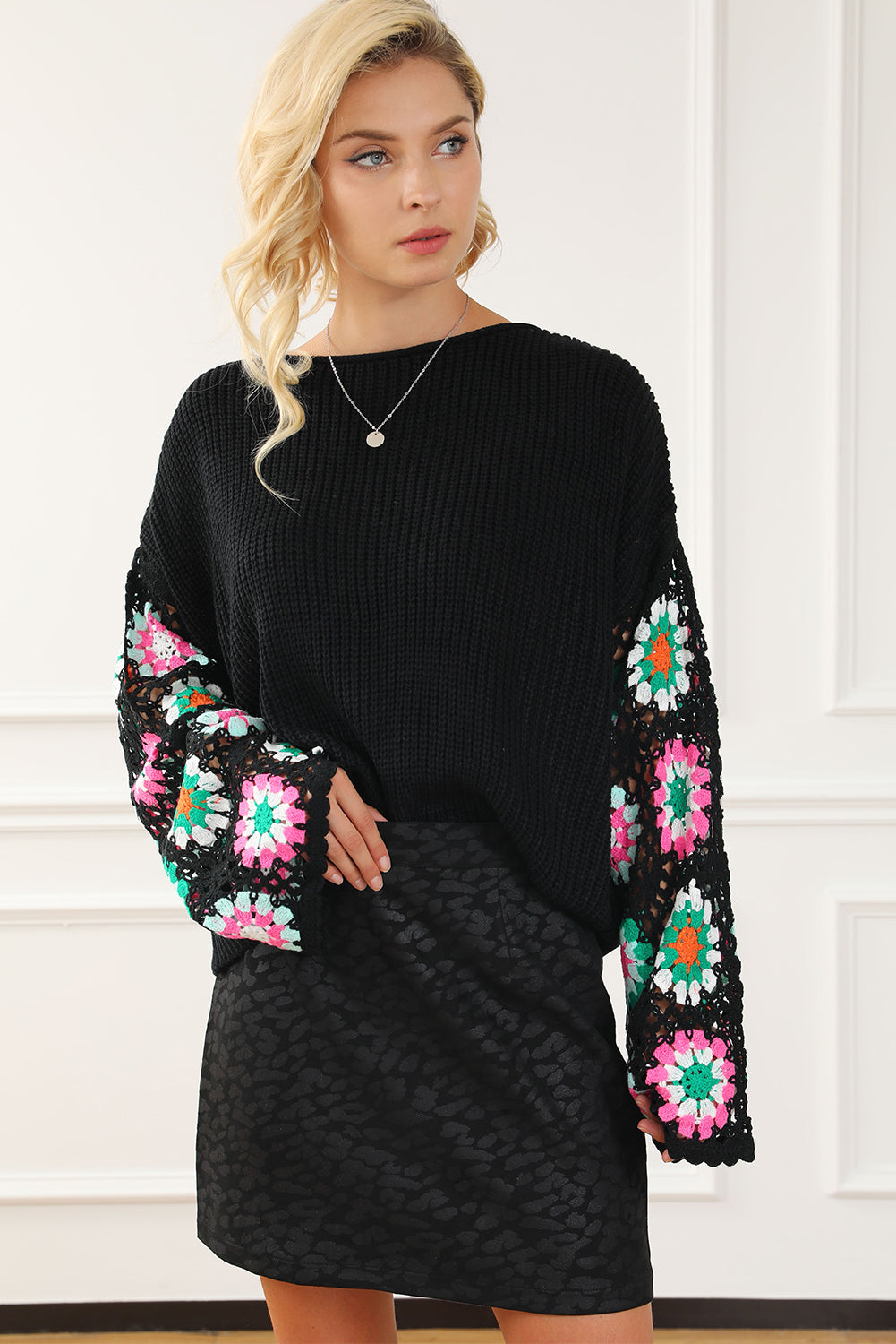 Floral Crochet Bell Sleeve Loose Sweater | Black