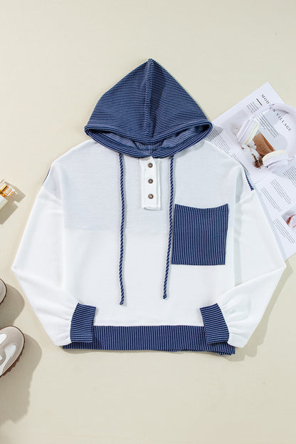 Corded Colourblock Patch Pocket Drawstring Hooded Top | White