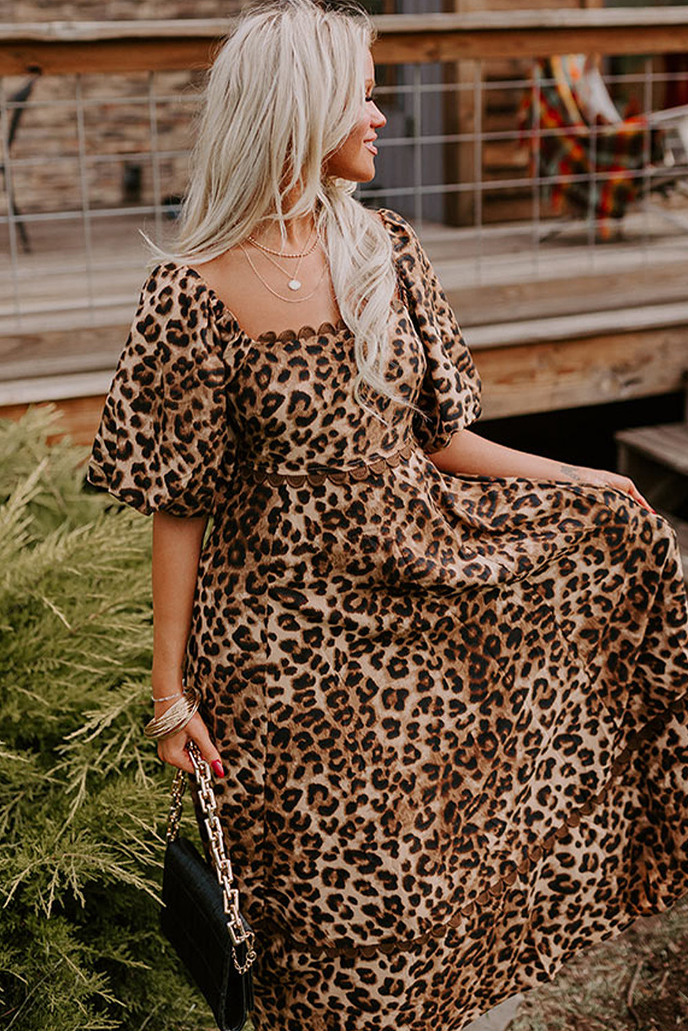 Leopard Print Bubble Sleeve Square Neck Maxi Dress | Brown