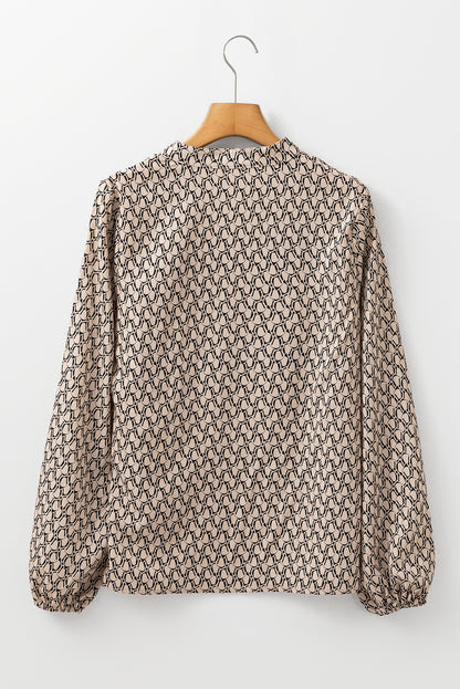 Geometric Print Notched Neck Puff Sleeve Blouse | Khaki