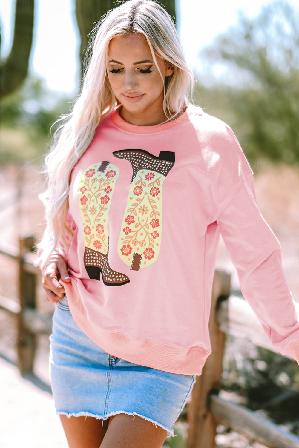 Floral Cowgirl Boots Graphic Drop Shoulder Sweatshirt | Pink