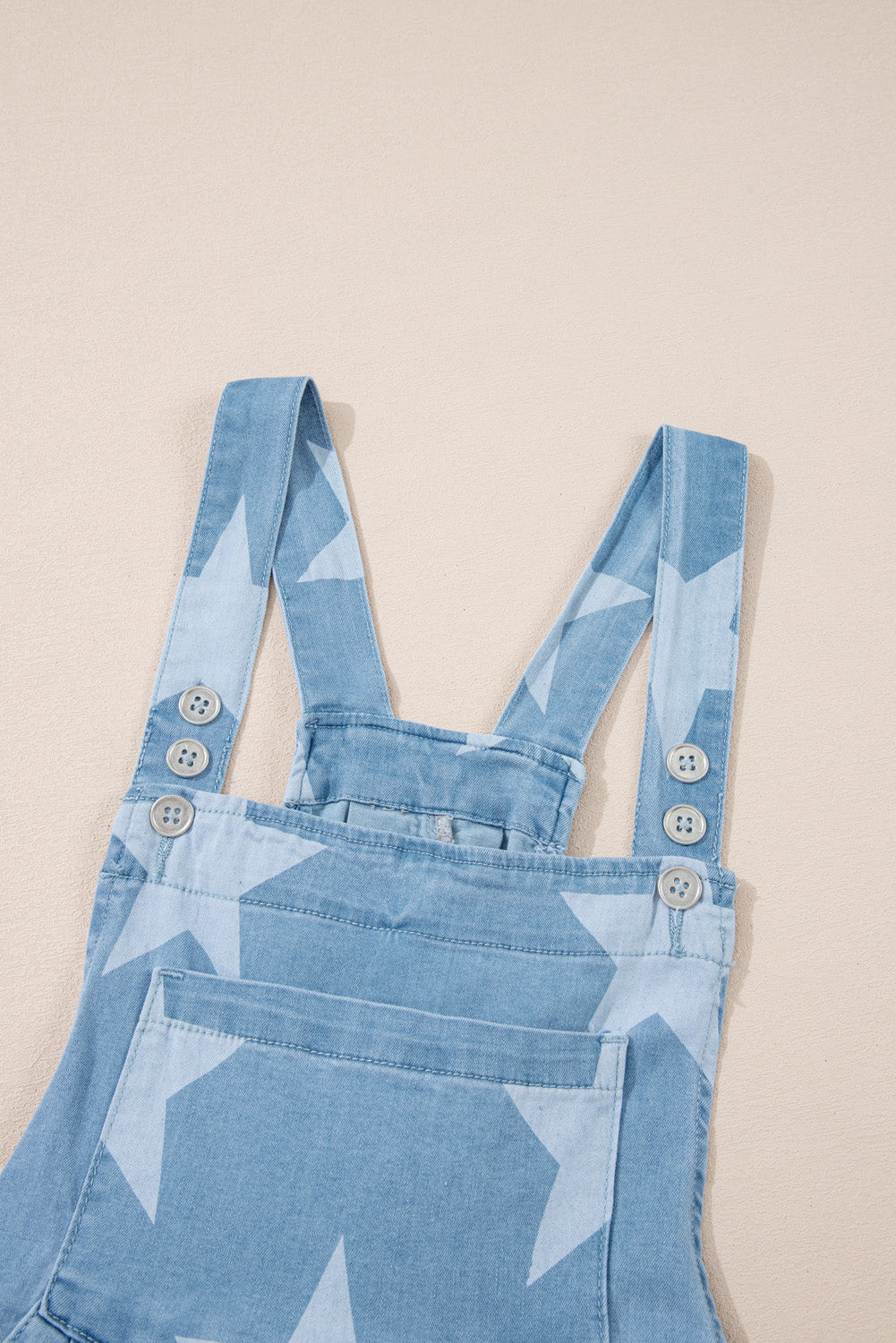 Star Printed Buttoned Straps Pocketed Denim Romper | Light Blue