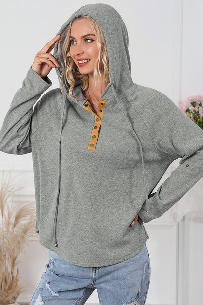 Quarter Buttoned Drawstring Pullover Hoodie | Gray