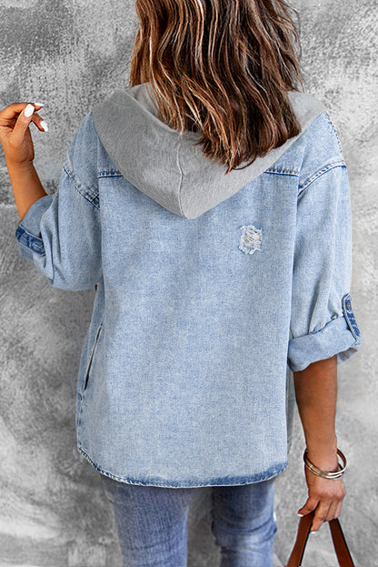 Oversized Contrast Hooded Denim Jacket | Mist Blue