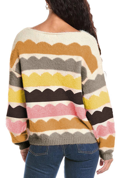 Wave Striped Balloon Sleeve Drop Shoulder Sweater | Yellow