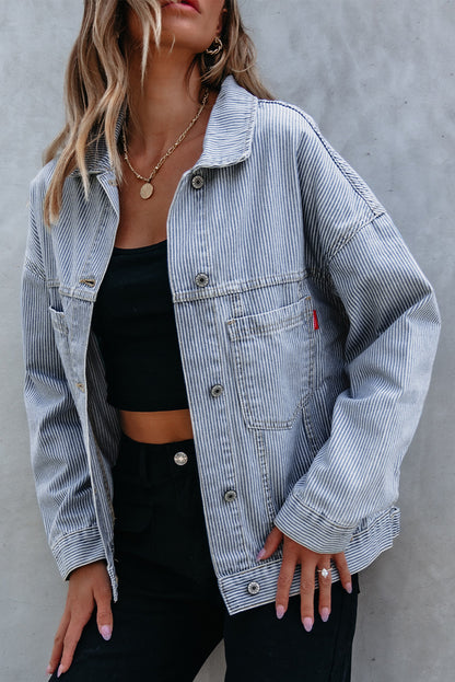 Washed Oversize Pocketed Denim Jacket | Sky Blue Stripe