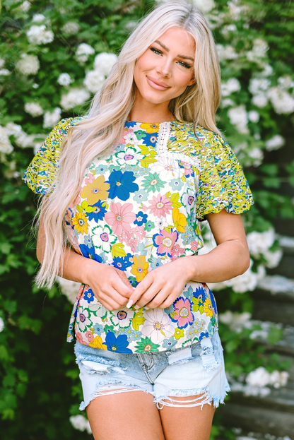 Bubble Sleeve Lace Trim Floral Mixed Print Blouse | Green