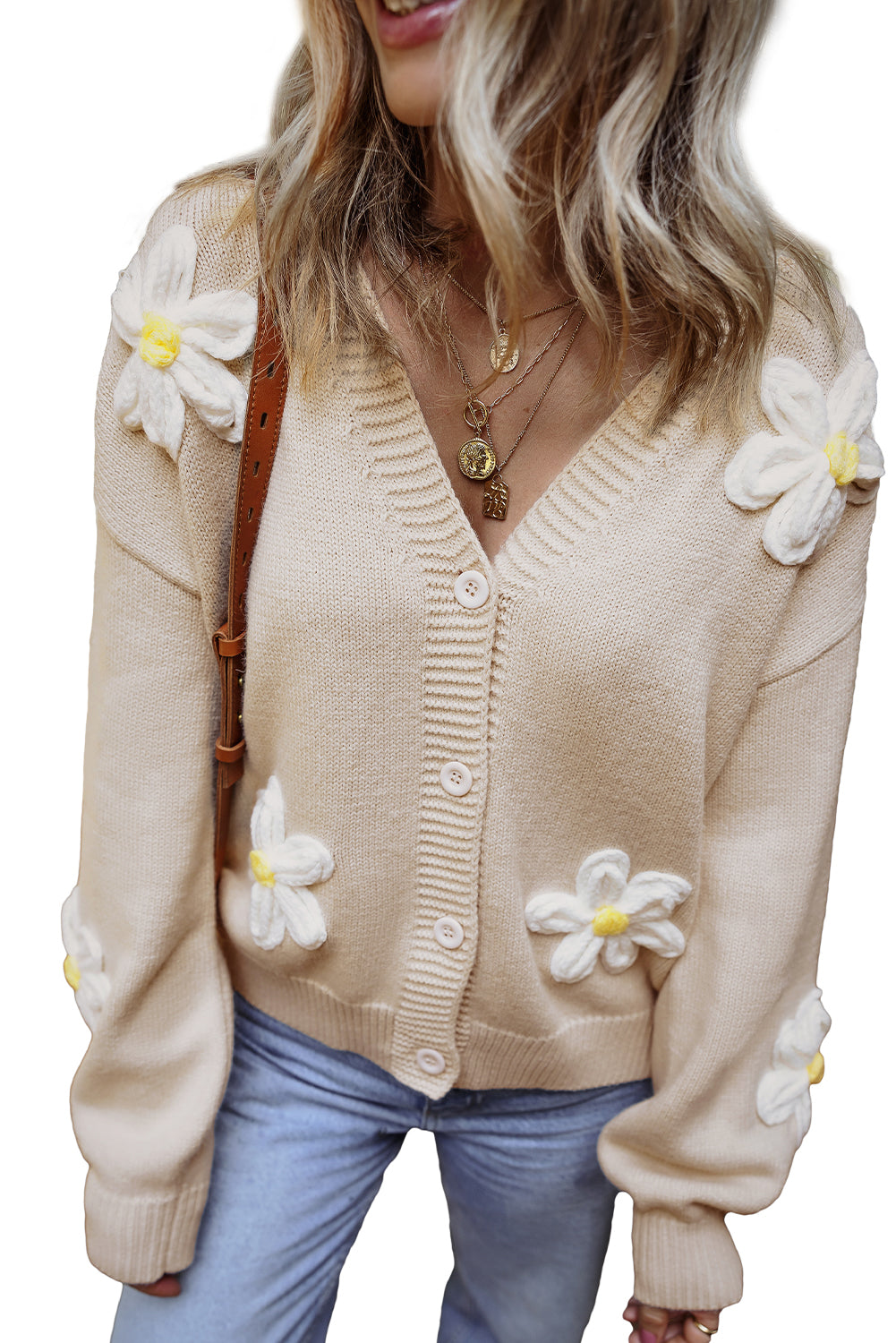 Elegant Flower Decor Button Front Cardigan | Parchment