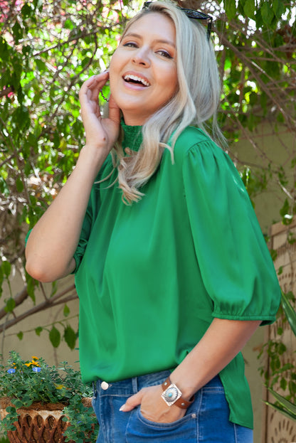 Shirred High Neck Puff Sleeve Plus Size Blouse | Sea Green