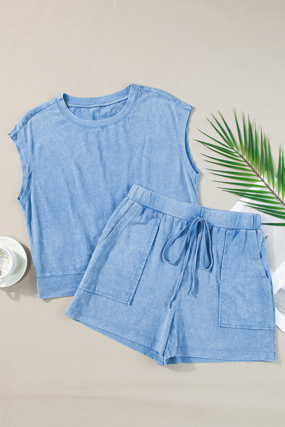 Mineral Wash Tee And Drawstring Shorts Set | Dusk Blue