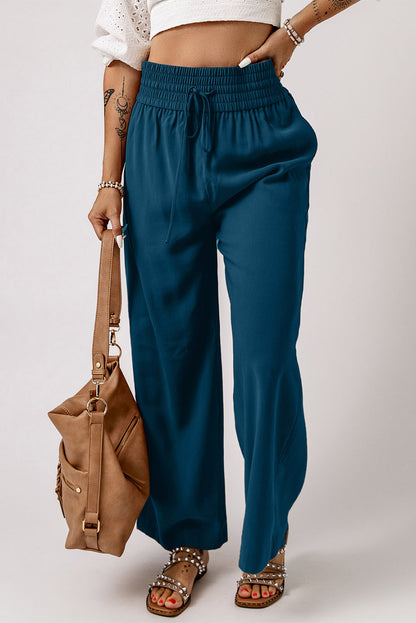 Drawstring Elastic Waist Casual Wide Leg Pants | Blue