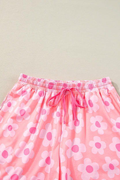 Flower Print Short Sleeve Shirt Pajamas Set | Pink