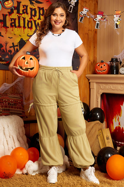 Drawstring Adjusted Band High Waist Plus Size Pants | Beige