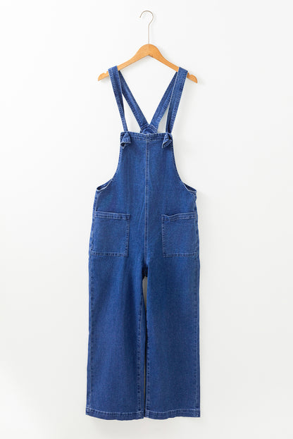 Mineral Wash Knotted Strap Patched Pocket Wide Leg Denim Overalls | Prussian Blue