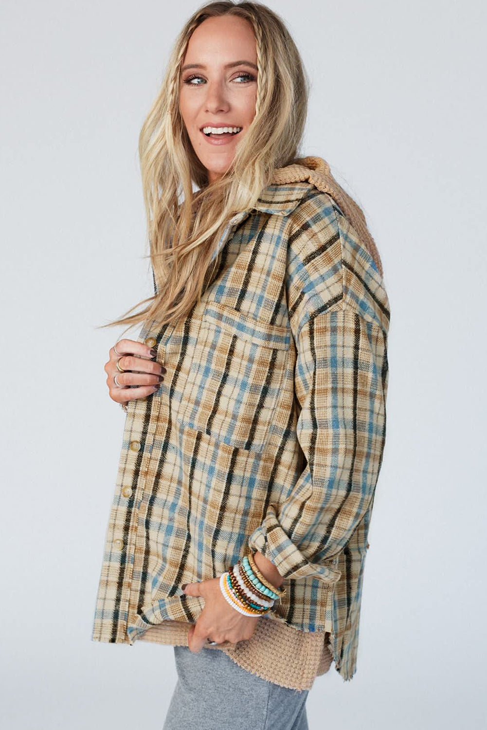 Waffle Knit Patchwork Hooded Plaid Shacket | Ashleigh Blue