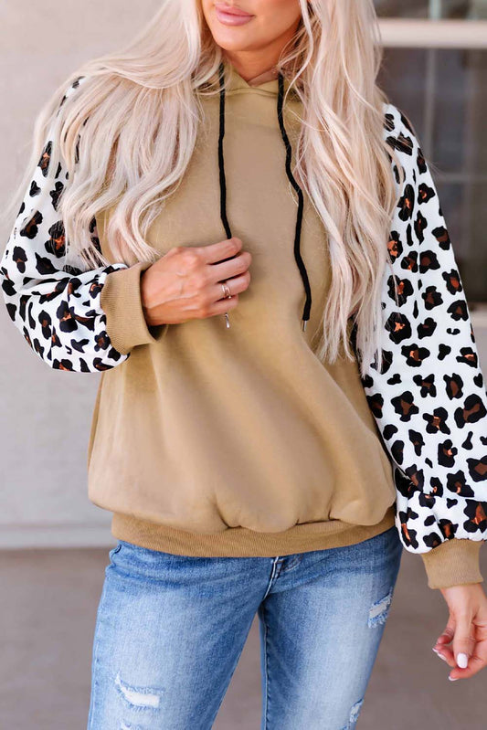 Khaki Leopard Bishop Sleeve Hooded Sweatshirt