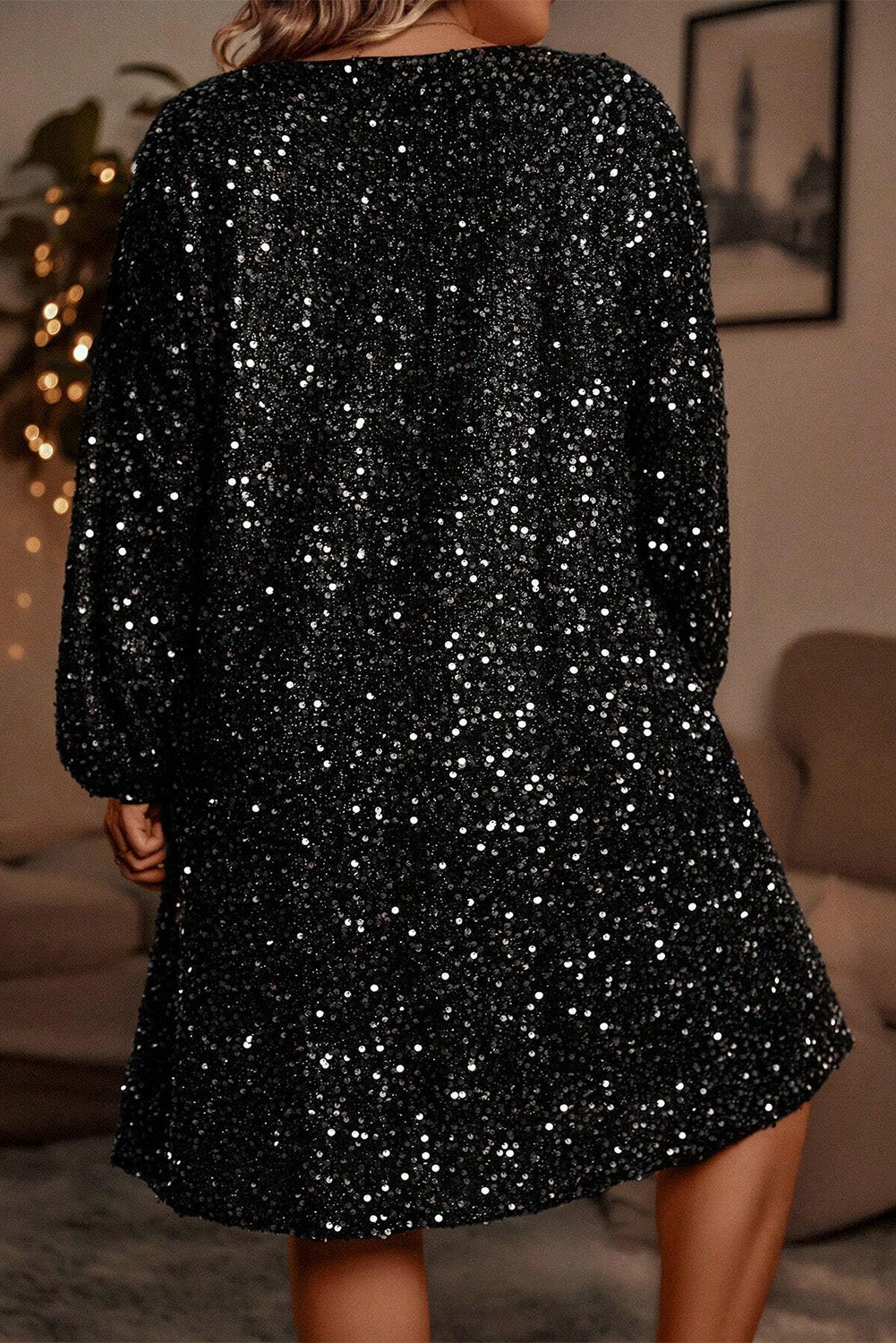 Colour Black Plus Size Bubble Sleeve V Neck Sequin Dress | Colour black